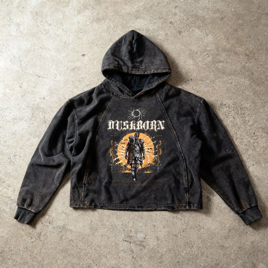 "Duskborn" Vintage Washed Black Frayed-Hem Hoodie