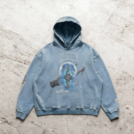 "Rannis Dark Moon"  Embroidered Washed Street Hoodie