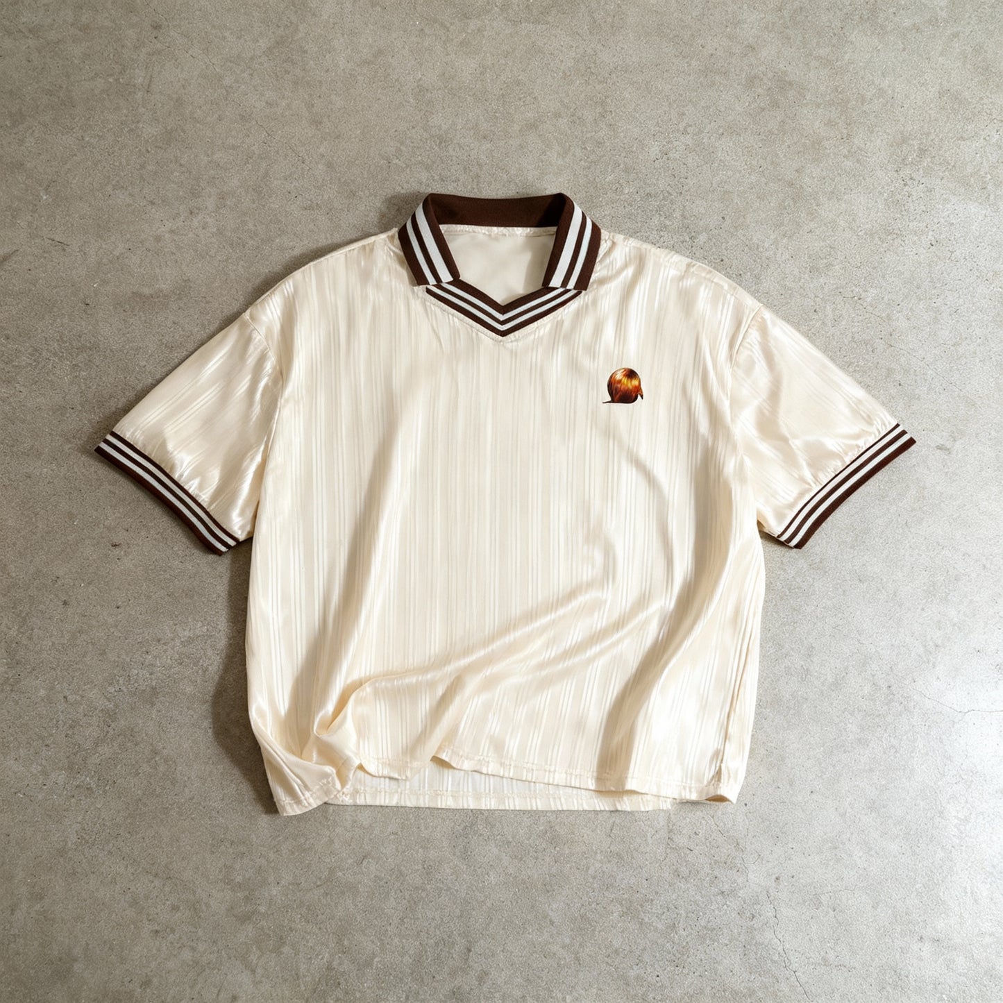 "Frenzy" Brown and creme, Contrast Striped Polo Collar, loose fit Tee