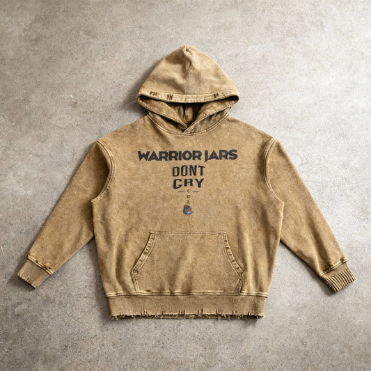 "Warrior Jar" Snow Wash Hand-Frayed Brown Heavyweight  Hoodie