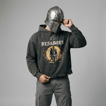 "Duskborn" Washed Black Frayed-Hem Hoodie