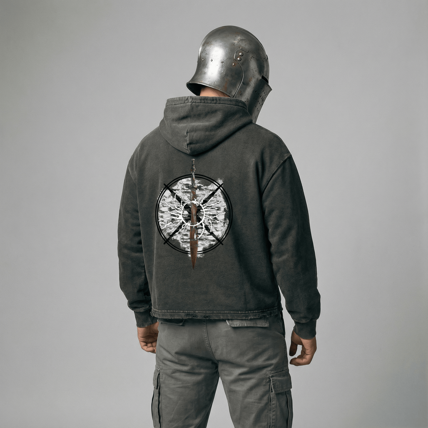 "Duskborn" Washed Black Frayed-Hem Hoodie