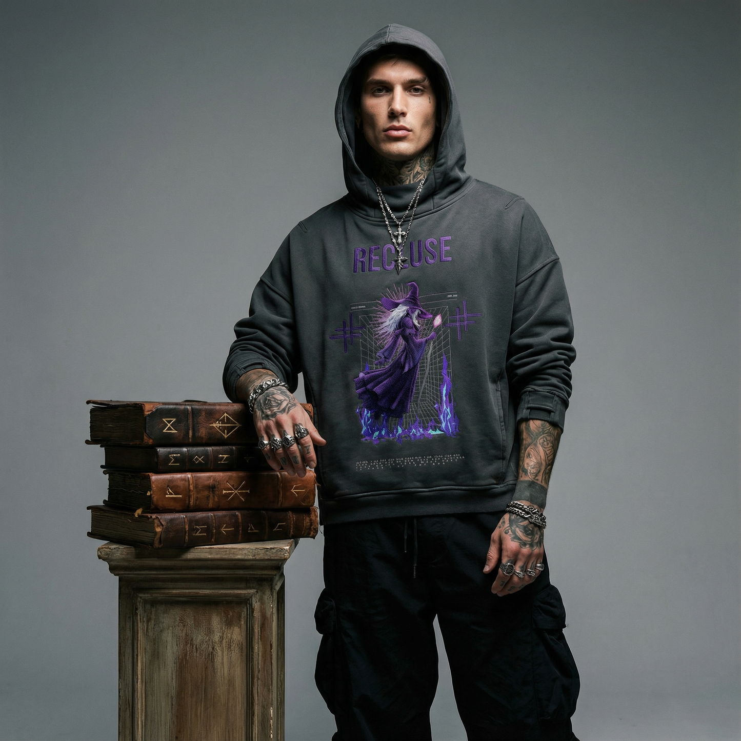 "Recluse Dillema"  Embroidered turtleneck, Snow Wash Hoodie