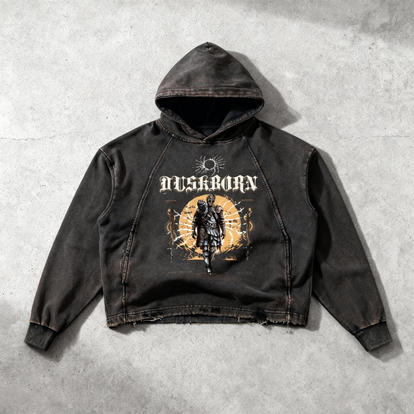 "Duskborn" Washed Black Frayed-Hem Hoodie