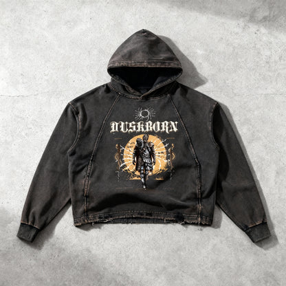 "Duskborn" Washed Black Frayed-Hem Hoodie