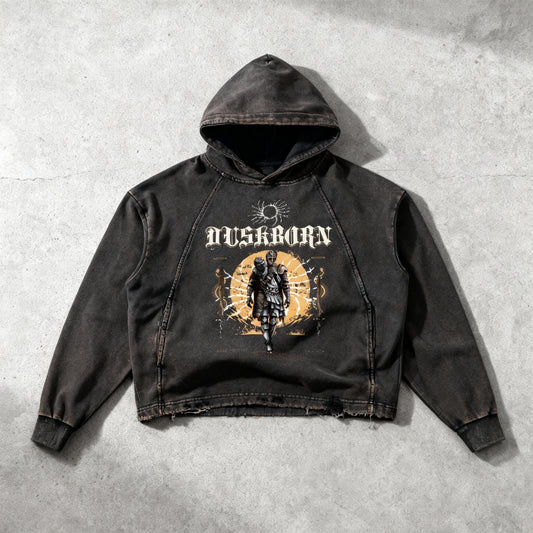"Duskborn" Washed Black Frayed-Hem Hoodie