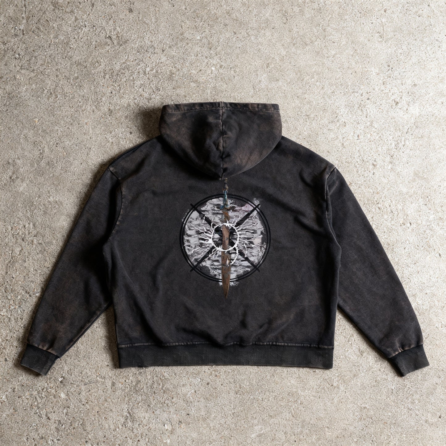 "Duskborn" Vintage Washed Black Frayed-Hem Hoodie