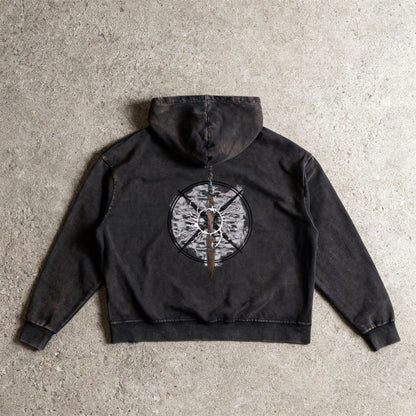 "Duskborn" Vintage Washed Black Frayed-Hem Hoodie