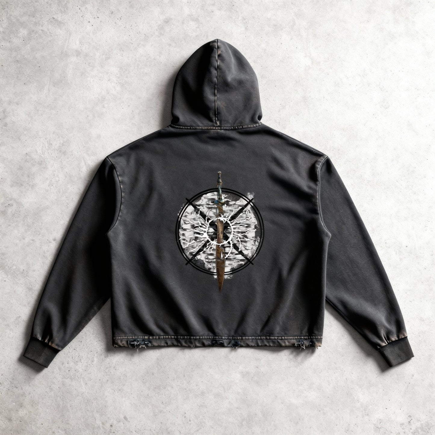 "Duskborn" Washed Black Frayed-Hem Hoodie