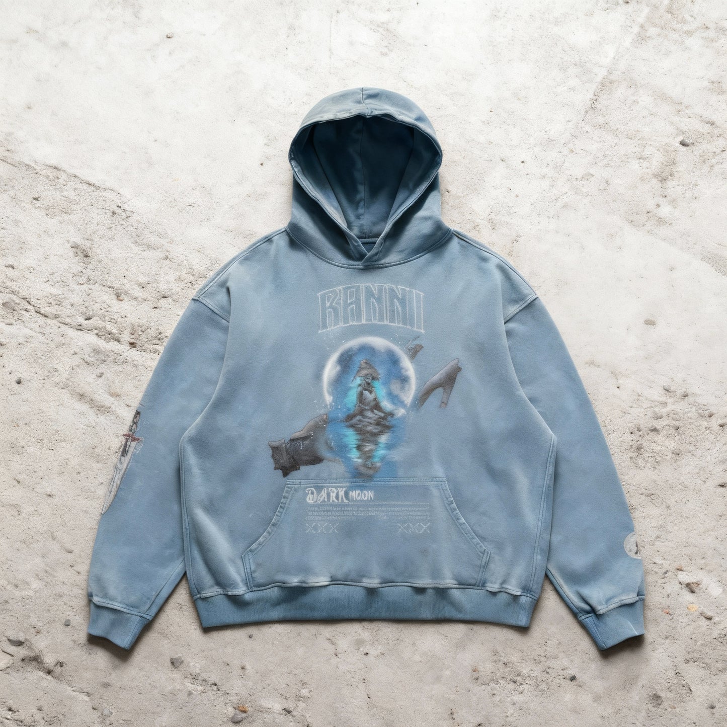 "Rannis Dark Moon"  Embroidered Washed Street Hoodie