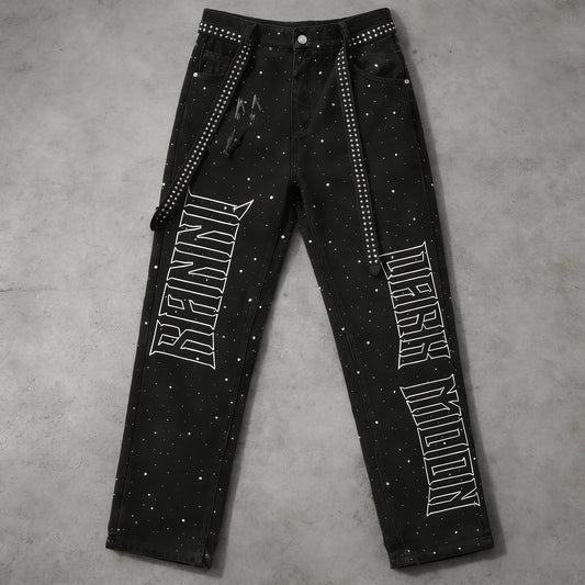 "DARK MOON" Rhinestone Loose Straight Jeans