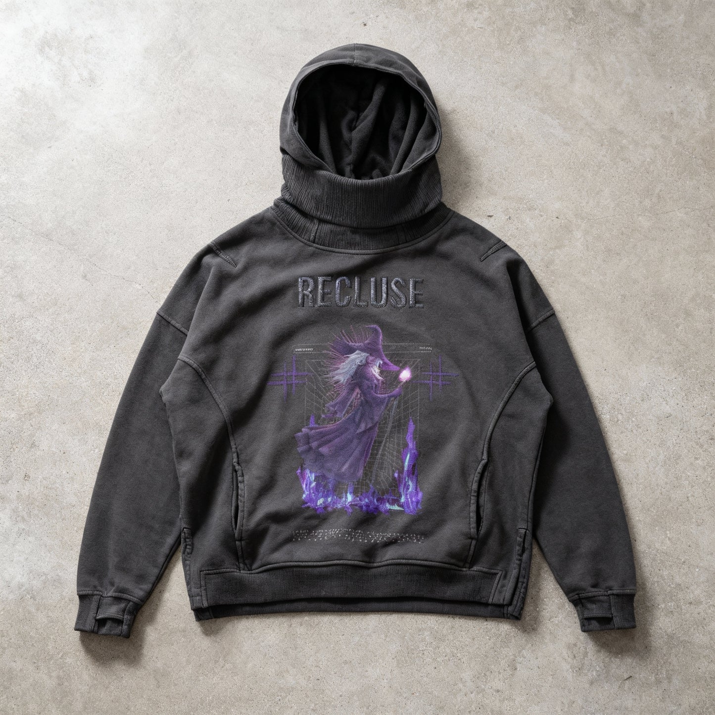 "Recluse Dillema"  Embroidered turtleneck, Snow Wash Hoodie