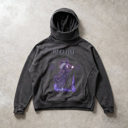 "Recluse Dillema"  Embroidered turtleneck, Snow Wash Hoodie