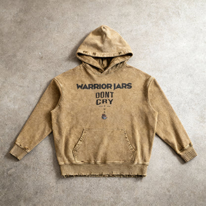 "Warrior Jar" Snow Wash Hand-Frayed Brown Heavyweight  Hoodie