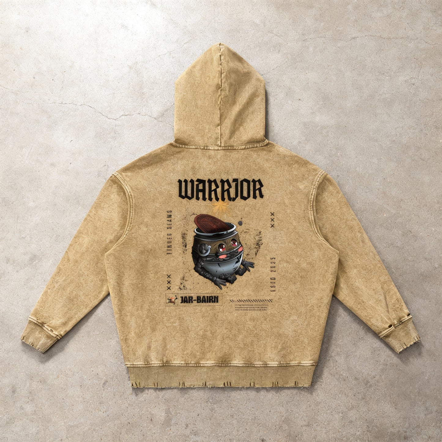 "Warrior Jar" Snow Wash Hand-Frayed Brown Heavyweight  Hoodie